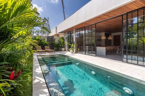 Sunny outdoor area with a large greenstone swimming pool