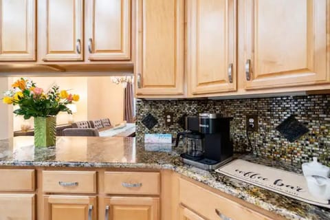 Coffee bar to start the day and a complete kitchen with a large island.