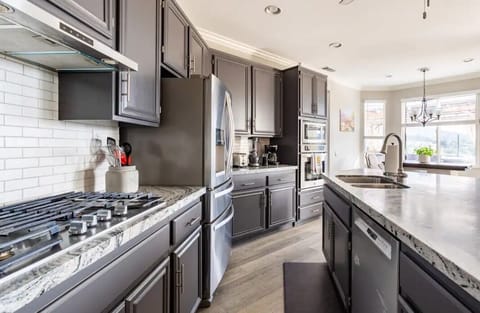 Kitchen area with a mountain view
