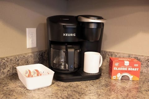 Keurig, pods, creamer, sugar and more are all provided!