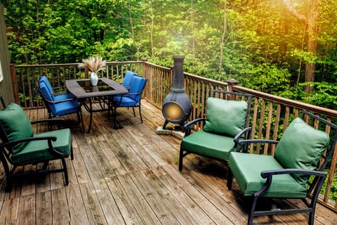 Mornings or evenings on the back deck with a chiminea and grill 