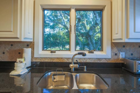 The double window over the kitchen sink features views of the gorgeous neighboring live oak trees.