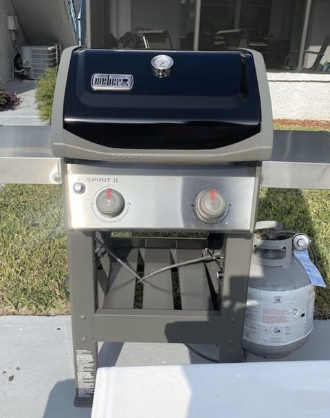 Gas grill. Grill brush in lanai.