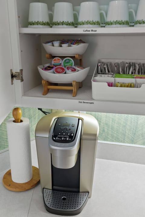 A Keurig is provided to help you get up and go in the mornings.