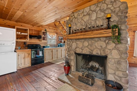 Cabin living room with a stone fireplace, a cozy and inviting gathering space.