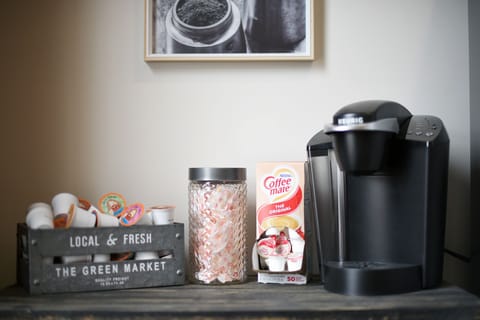  Start fresh w/ complimentary coffee pod machine to sip, relax & enjoy.