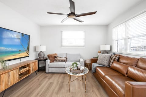 Unwind in style! Our cozy living room is the perfect retreat, featuring a full-size sleeper sofa for extra comfort.