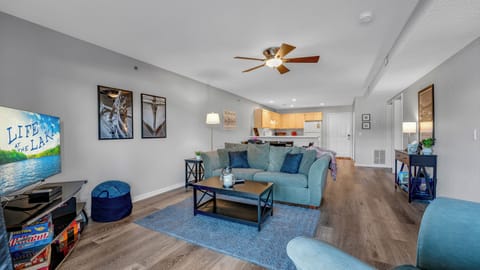 Clean, family friendly living room and kitchen.