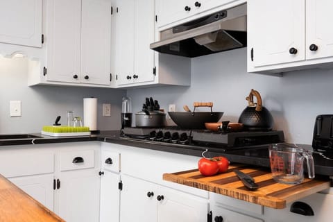 Fully stocked kitchen.