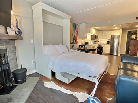 Maximize space with our full-size Murphy bed in the living room.