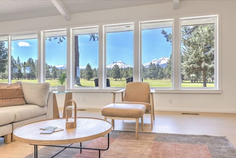 View of the beautiful 3 Sisters Mountains from the living room.