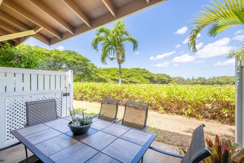 The tranquil backyard where you can dine al fresco on the lanai.