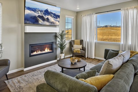 Living room with fireplace and tv mounted above it