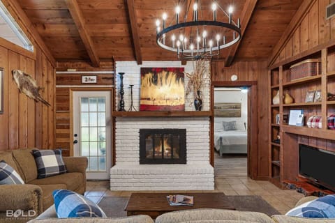 Snuggle up in the cozy cabin living room