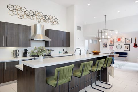 Barstool seating and modern design.