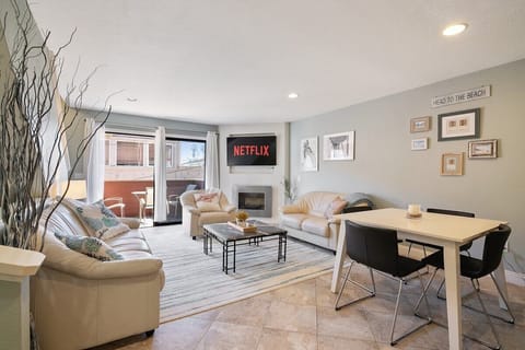 Living room (TV, indoor fireplace, portable AC, dining table)