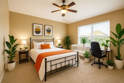 Bright, airy bedroom with fresh greenery and cozy accents for a relaxing stay.