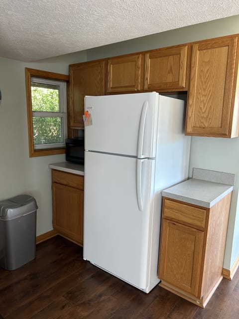 House kitchen has full fridge.