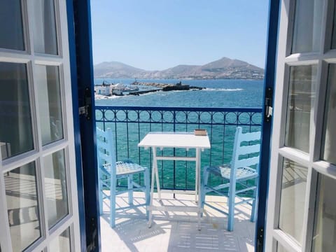 The view of the sea and the Old Harbour of Naoussa as seen from the balcony. 