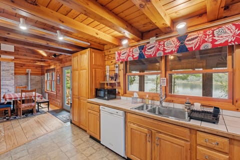 Kitchen with a lake view