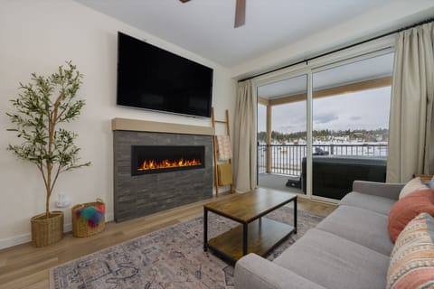 Large HDTV, Fireplace