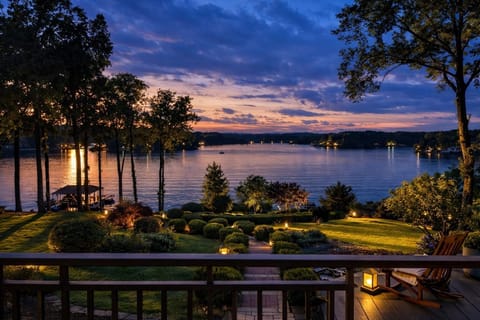 Overlooking lake from porch at sunset