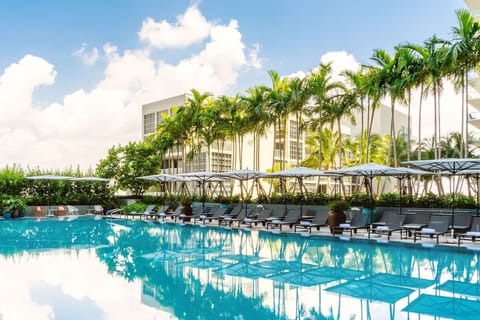 Soak up sunshine beside palms and calm, blue water.