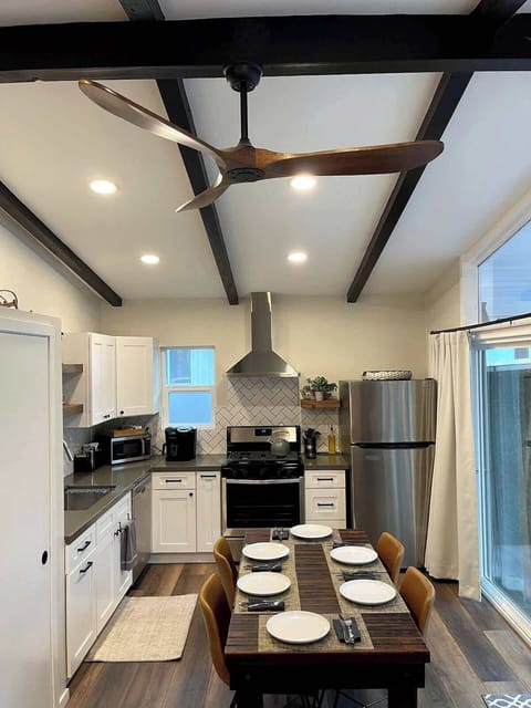 Redwood Oasis Home Kitchen and Dining overlooking pool