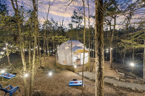 Outdoor string lights surround the dome