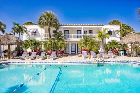 Sunlit pool surrounded by loungers & palms, perfect for cooling off and soaking up relaxed vacation vibes.