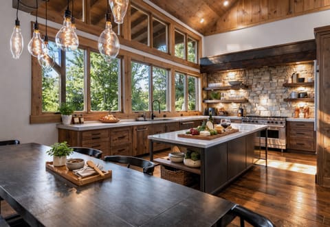 Open concept kitchen and dining area featuring stunning wood beams, and cozy lights. The perfect spot for gathering and entertaining.