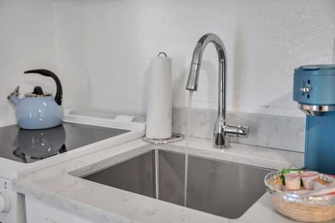 Modern sink area w/ sleek faucet, clean counters, & practical everyday essentials.