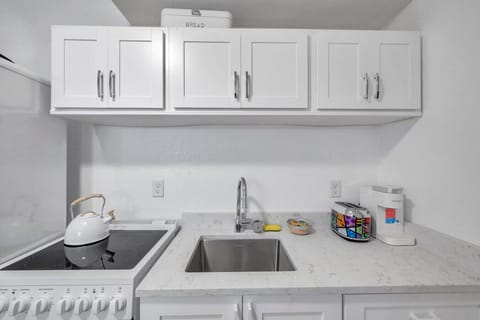 Spotless kitchen counter w/ modern finishes, ideal for quick breakfasts or meal prep.