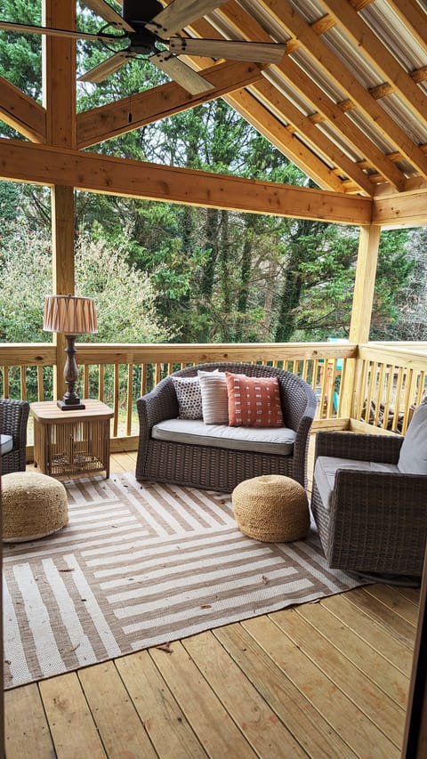 Covered porch and backyard