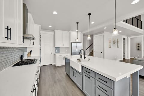 Sink is in the kitchen island facing the living room