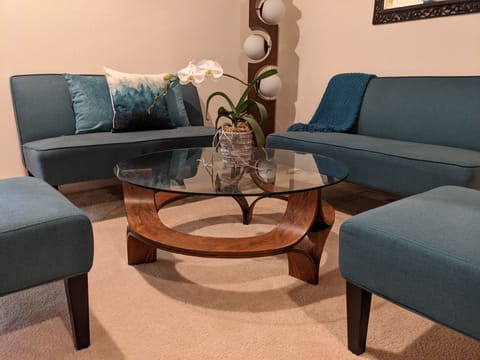Studio sitting area with views of the Redwoods