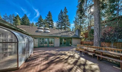 Huge back deck with picnic tables and BBQ