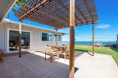 BBQ, outdoor shower and table