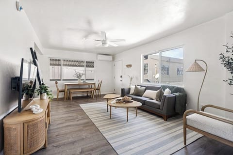 A comfy, cozy Boho inspired room with lots of natural lighting, a brand new Samsung smart tv, and AC/Heat!