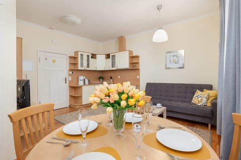 A well-arranged dining space with a table set for meals, combining functionality with aesthetics.