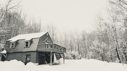 Snow covered Birch Barn with private yard