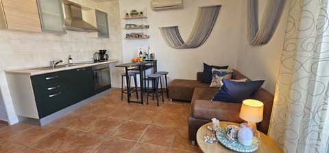 Open plan living dining room with full kitchen