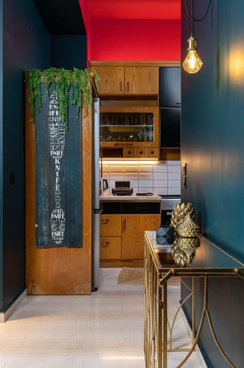 Eclectic kitchen view from hallway with red ceiling and moody wall tones.