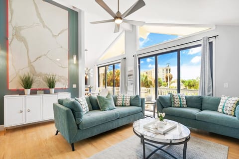 Living room, with access to the deck, facing west towards the Gulf.