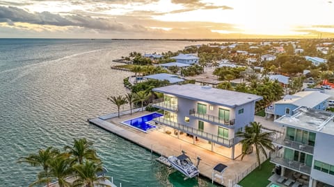 Aerial View of the home with the pool & dock