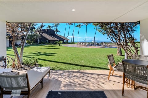 The outdoor lanai (patio) has great ocean views and overlooks one of two landscaped courtyards with pool.