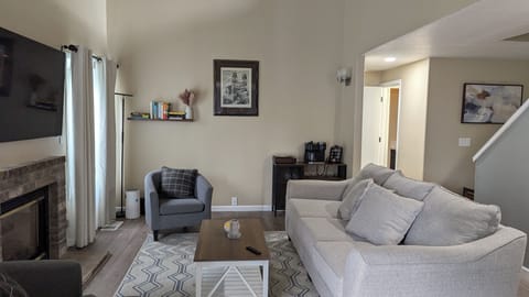 Luxe living room with TV, coffee bar, cozy couch, Vinlyl player and cozy couch