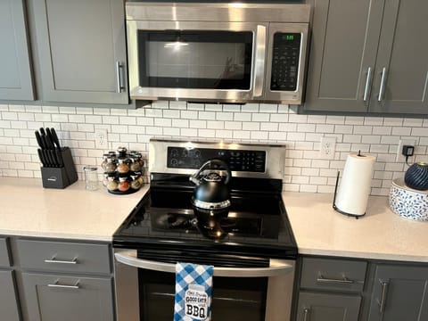 Sleek kitchen setup with stainless steel appliances, spice rack, and modern decor.