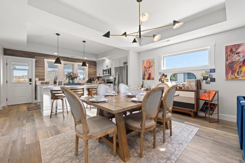 Dining area seats six. and island seats three.