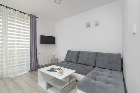 A modern living room with a gray sofa, a white coffee table, and large balcony doors allowing plenty of natural light.

